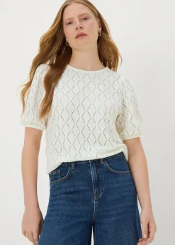 T-Shirts>Papaya Cream Textured Puff Sleeve Top