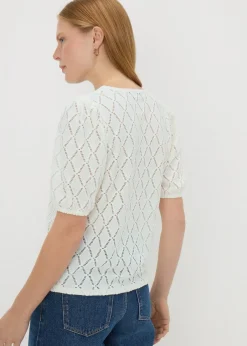T-Shirts>Papaya Cream Textured Puff Sleeve Top