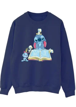 Tops>Disney Stitch Reading A Book Women Navy Printed Sweatshirt