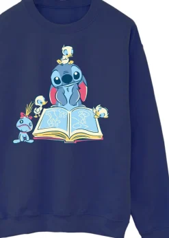 Tops>Disney Stitch Reading A Book Women Navy Printed Sweatshirt