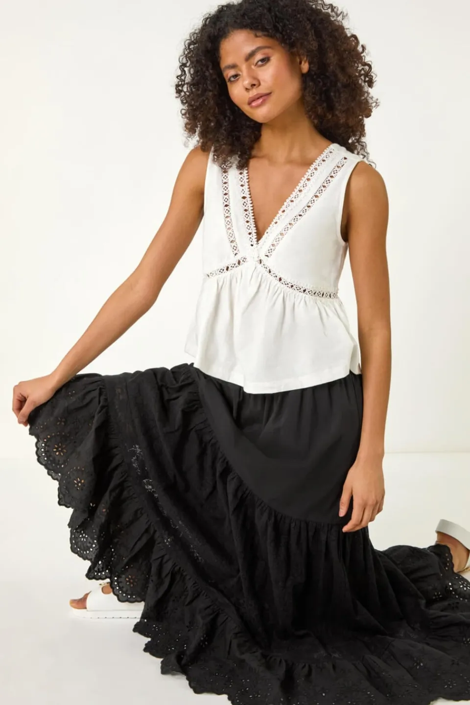 Skirts>Roman Dusk Black Dusk Tiered Broderie Maxi Skirt