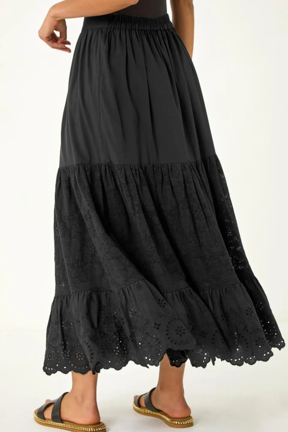 Skirts>Roman Dusk Black Dusk Tiered Broderie Maxi Skirt