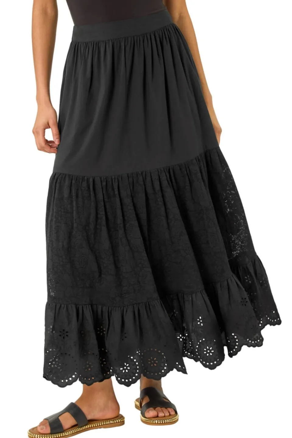 Skirts>Roman Dusk Black Dusk Tiered Broderie Maxi Skirt