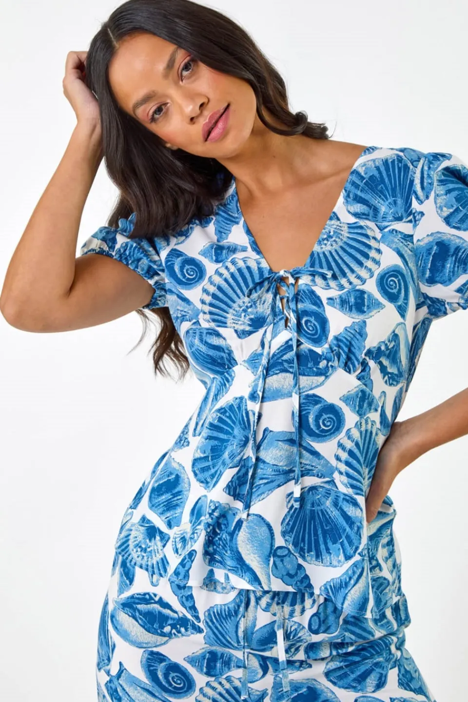 T-Shirts>Roman Dusk Blue Dusk Shell Print V Neck Tie Top