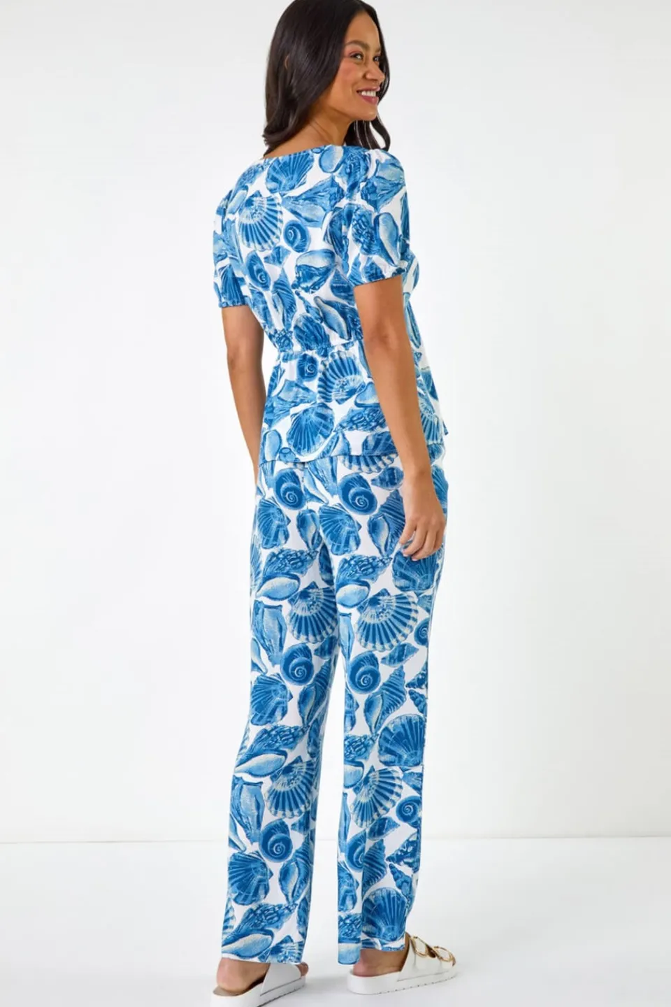 T-Shirts>Roman Dusk Blue Dusk Shell Print V Neck Tie Top