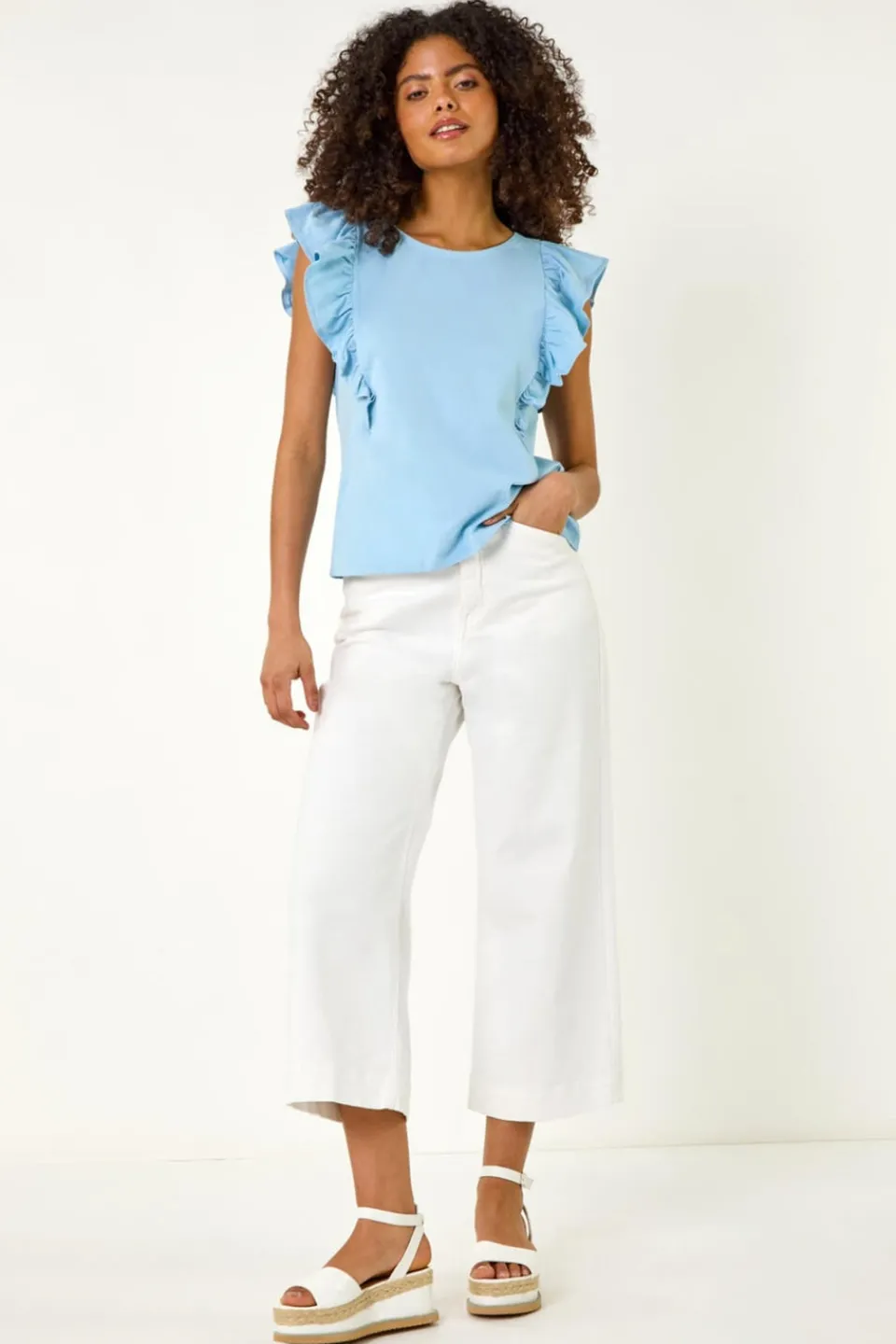 T-Shirts>Roman Dusk Blue Dusk Short Sleeve Ruffle Stretch Tee