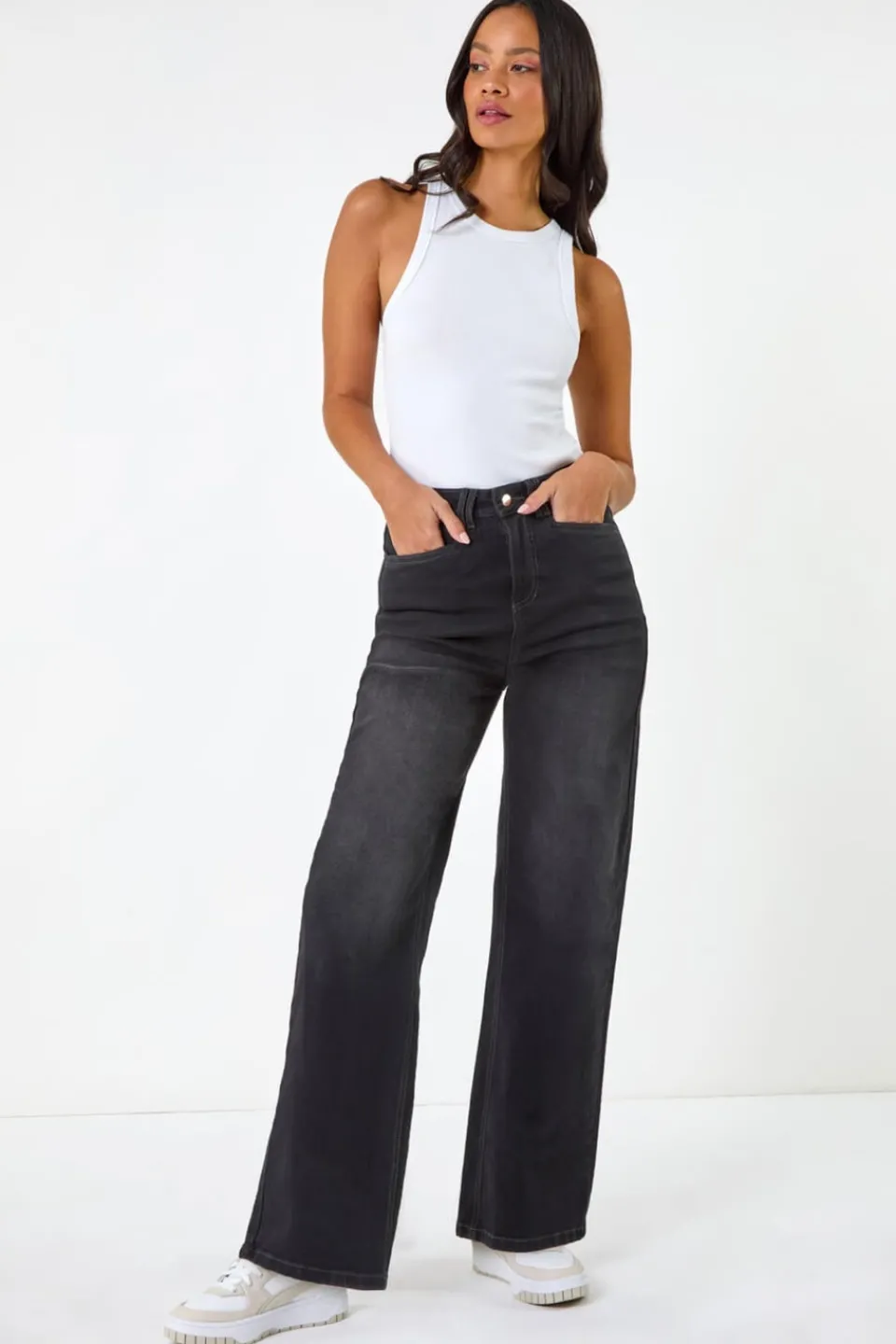 Jeans & Jeggings>Roman Dusk Charcoal Dusk Denim Wide Leg Stretch Jeans