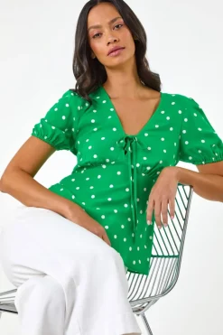 T-Shirts>Roman Dusk Green Dusk Spot Print Tie Front Top