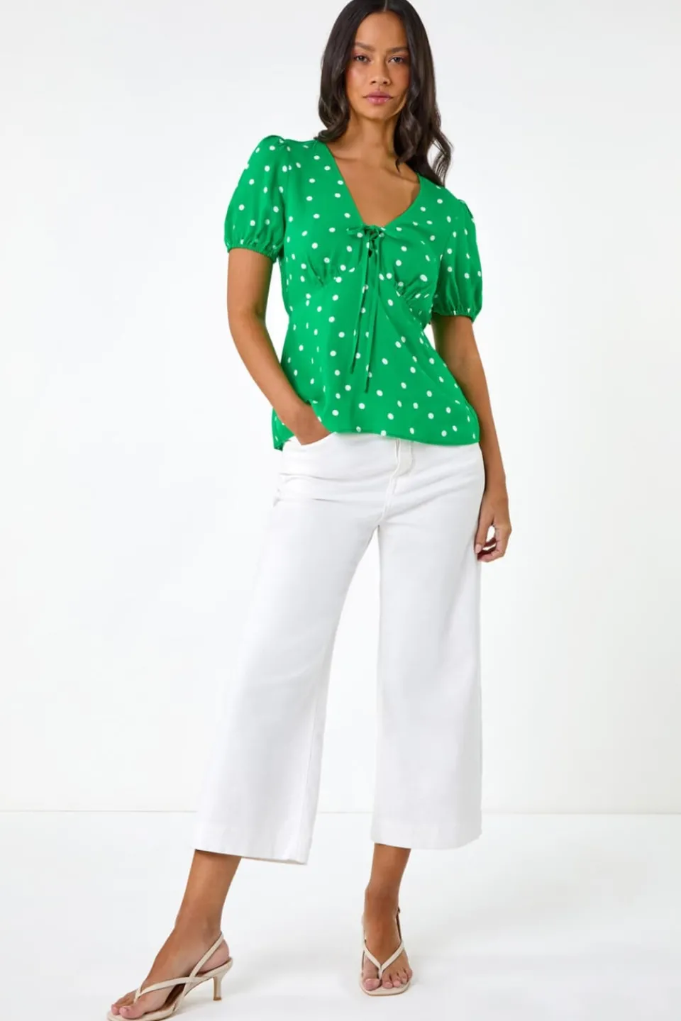 T-Shirts>Roman Dusk Green Dusk Spot Print Tie Front Top