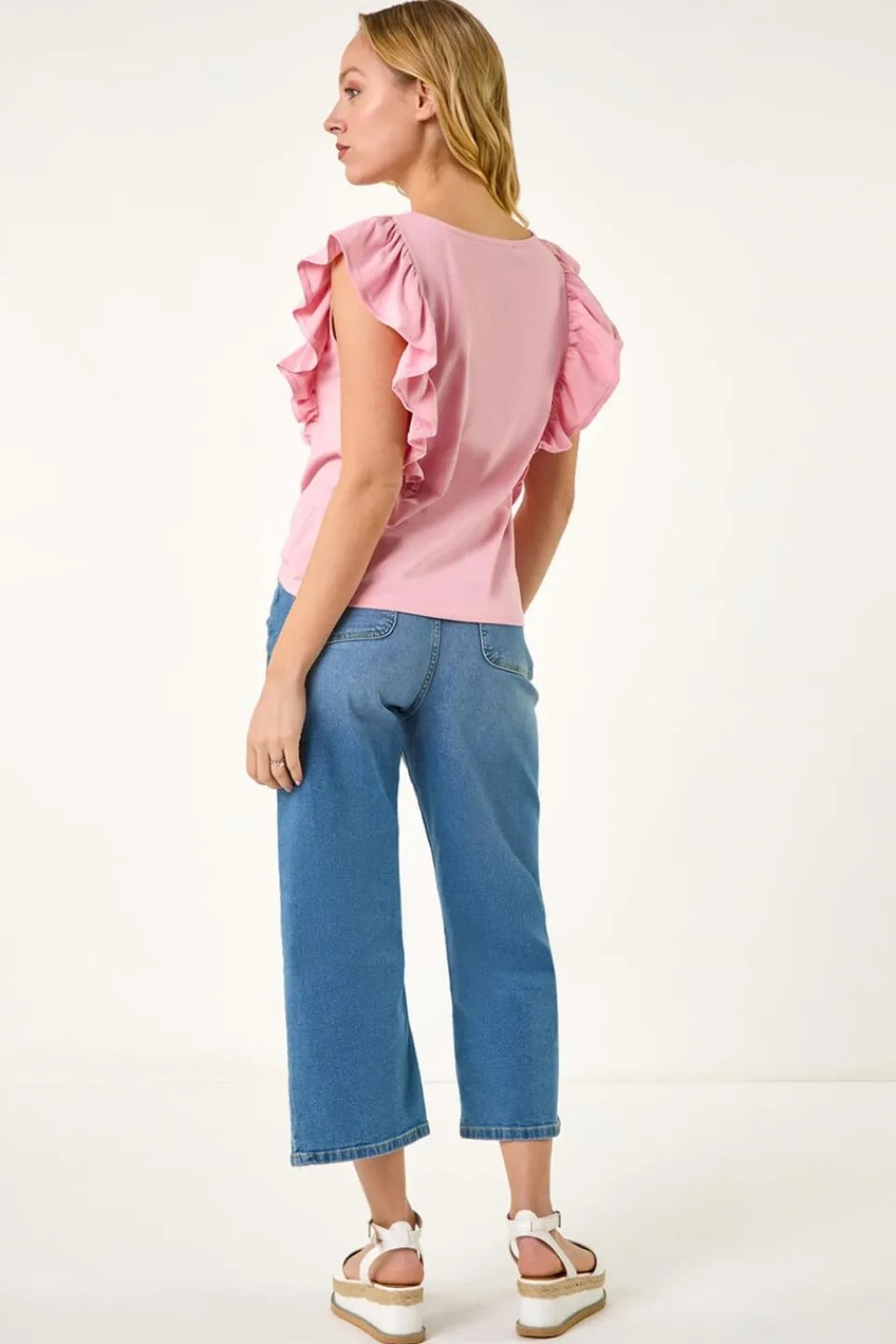 T-Shirts>Roman Dusk Pink Dusk Short Sleeve Ruffle Stretch Tee