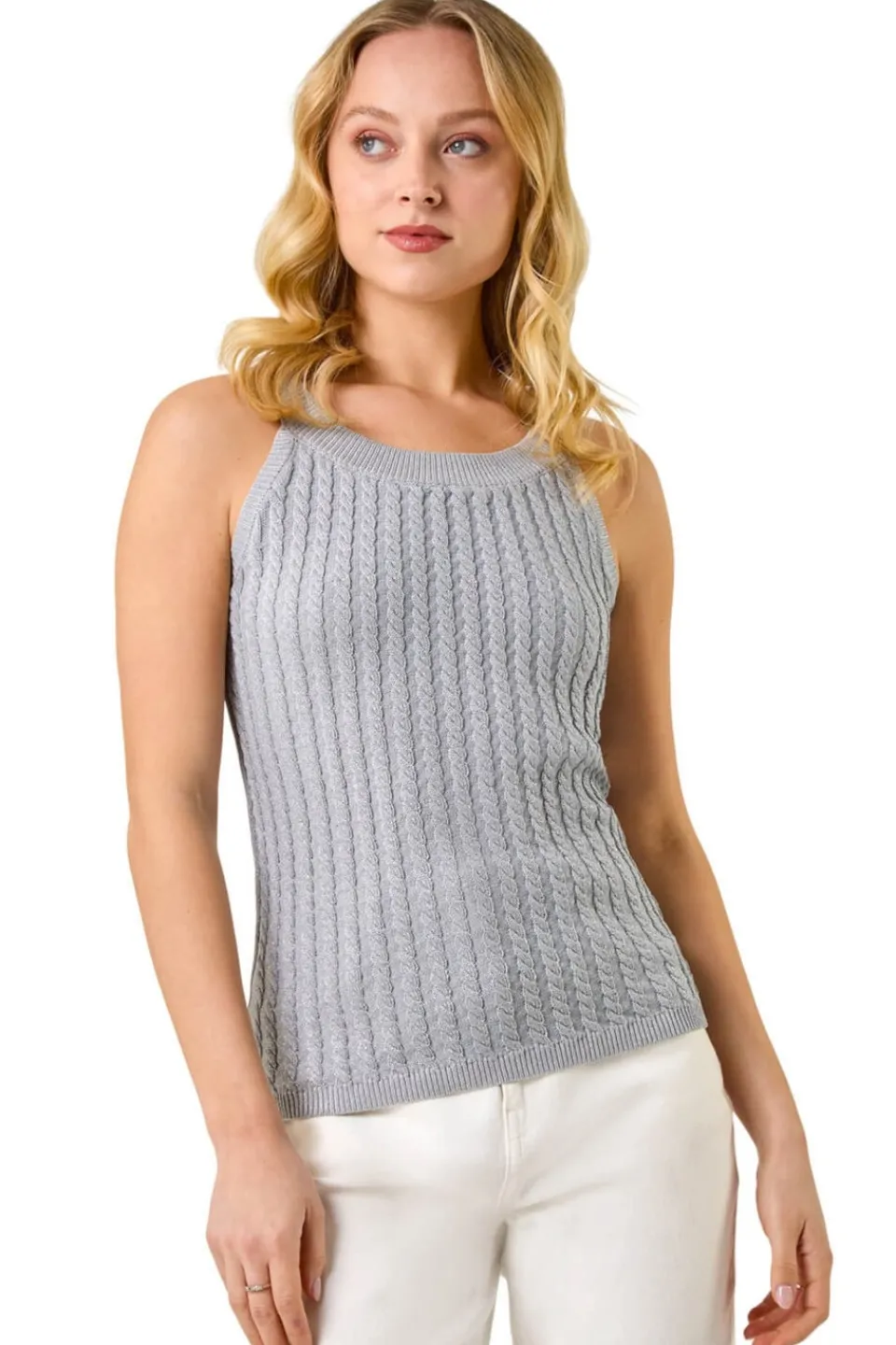 Tops>Roman Dusk Silver Dusk Metallic Knit Vest Top