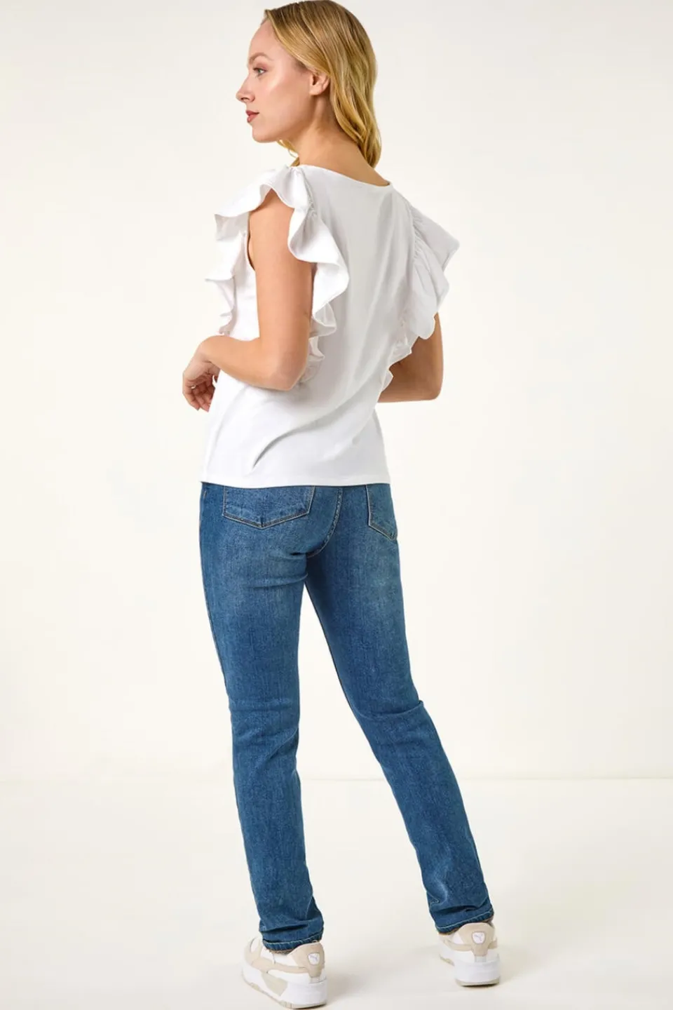 T-Shirts>Roman Dusk White Dusk Ruffle Detail Stretch T Shirt