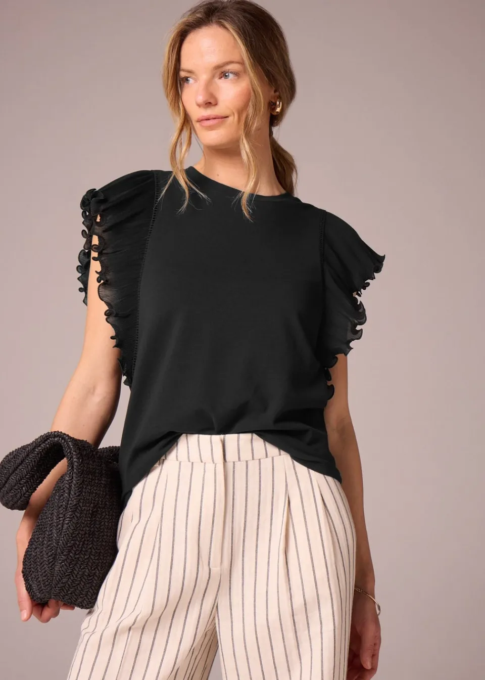 T-Shirts>Et Vous Black Frill Sleeve T-Shirt