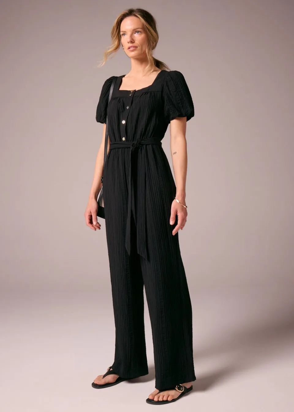 Jumpsuits & Playsuits>Et Vous Black Textured Tie Belt Jumpsuit