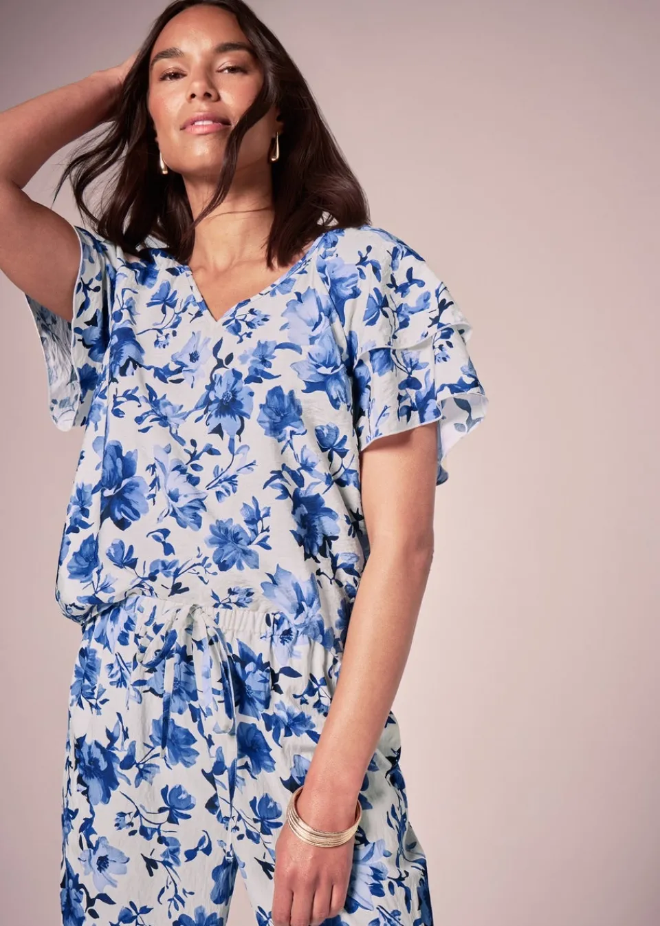 T-Shirts>Et Vous Blue Floral Tea Top