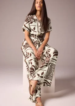 Tops>Et Vous Brown Abstract Leaf Co Ord Tie Waist Shirt