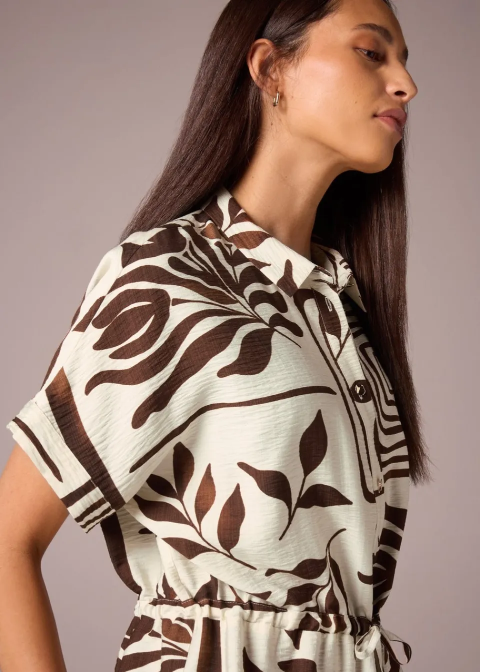 Tops>Et Vous Brown Abstract Leaf Co Ord Tie Waist Shirt