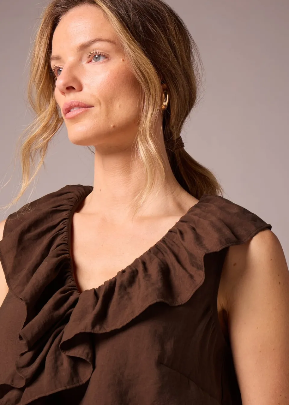 Tops>Et Vous Brown Boho Frill Sleeveless Blouse