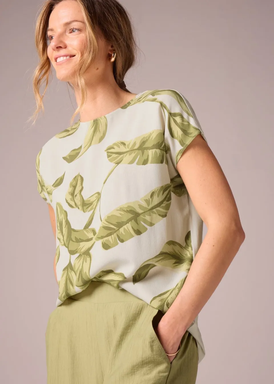 T-Shirts>Et Vous Cream Leaf Print Jersey Back T-Shirt