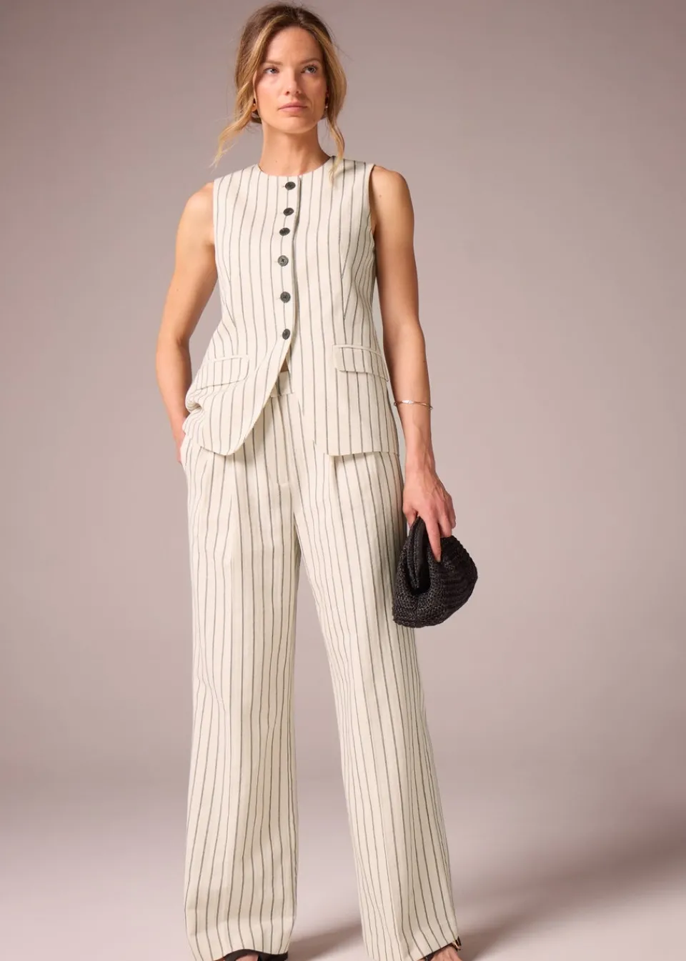 Trousers>Et Vous Ivory Striped Linen Blend Wide Leg Trousers