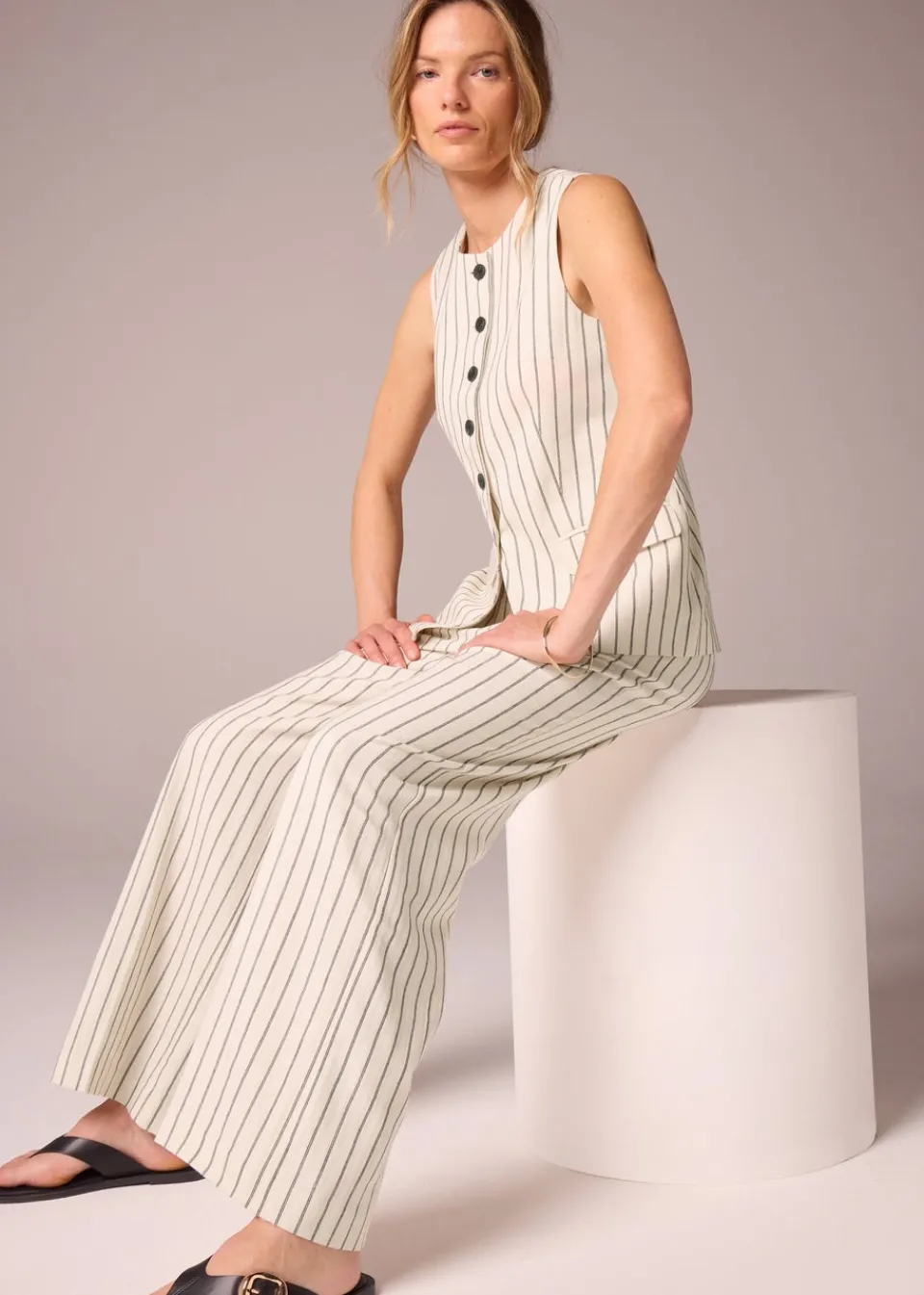 Trousers>Et Vous Ivory Striped Linen Blend Wide Leg Trousers