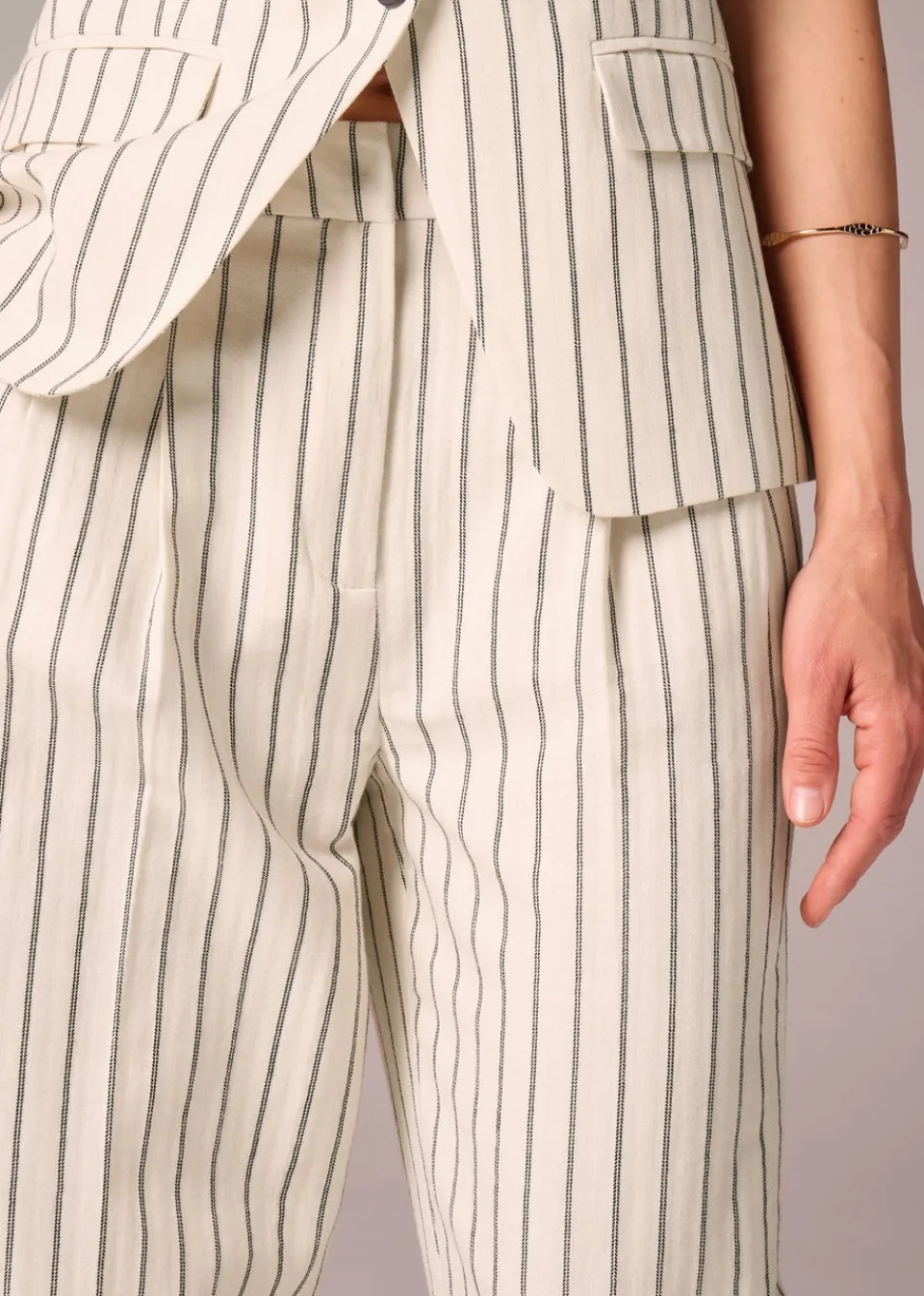 Trousers>Et Vous Ivory Striped Linen Blend Wide Leg Trousers