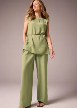 Trousers>Et Vous Co Ord Textured Wide Leg Trousers Khaki