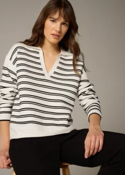 Tops>Et Vous Navy Stripe V-Neck Polo Jumper