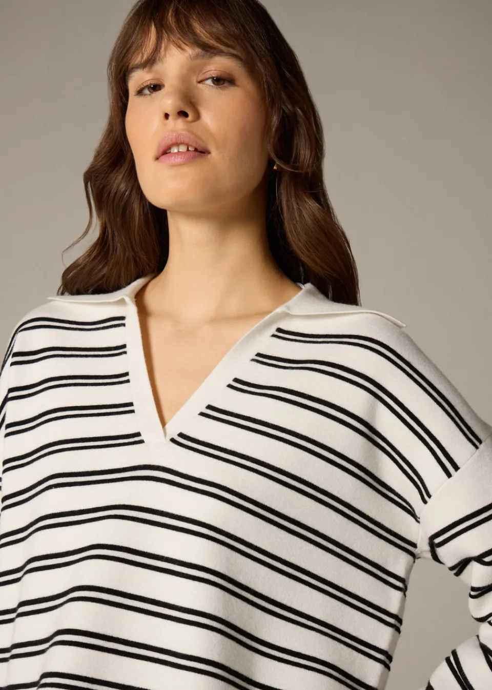 Tops>Et Vous Navy Stripe V-Neck Polo Jumper