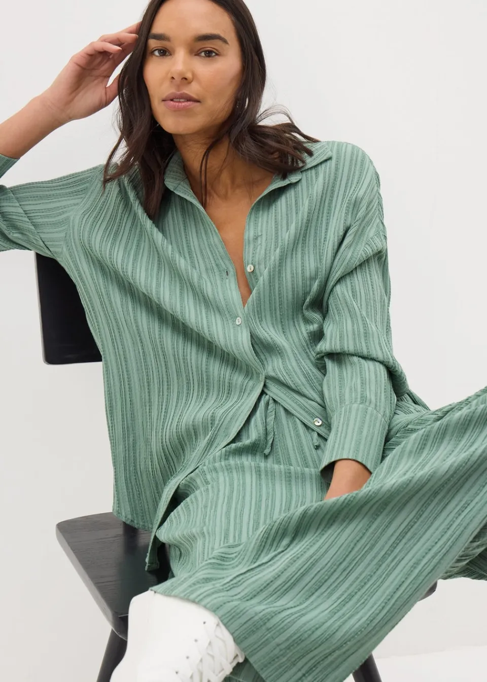 Co-Ord Sets>Et Vous Sage Green Textured Co Ord Shirt Sagegreen