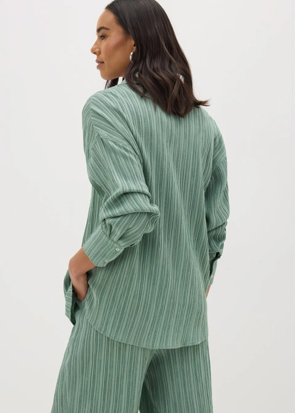 Co-Ord Sets>Et Vous Sage Green Textured Co Ord Shirt Sagegreen