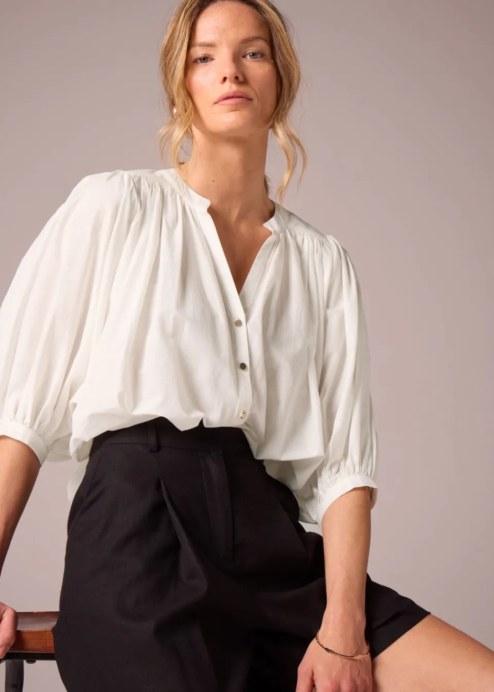 Tops>Et Vous White Cotton Blouson Sleeve Blouse