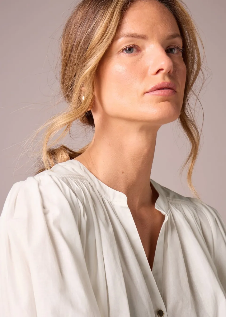 Tops>Et Vous White Cotton Blouson Sleeve Blouse