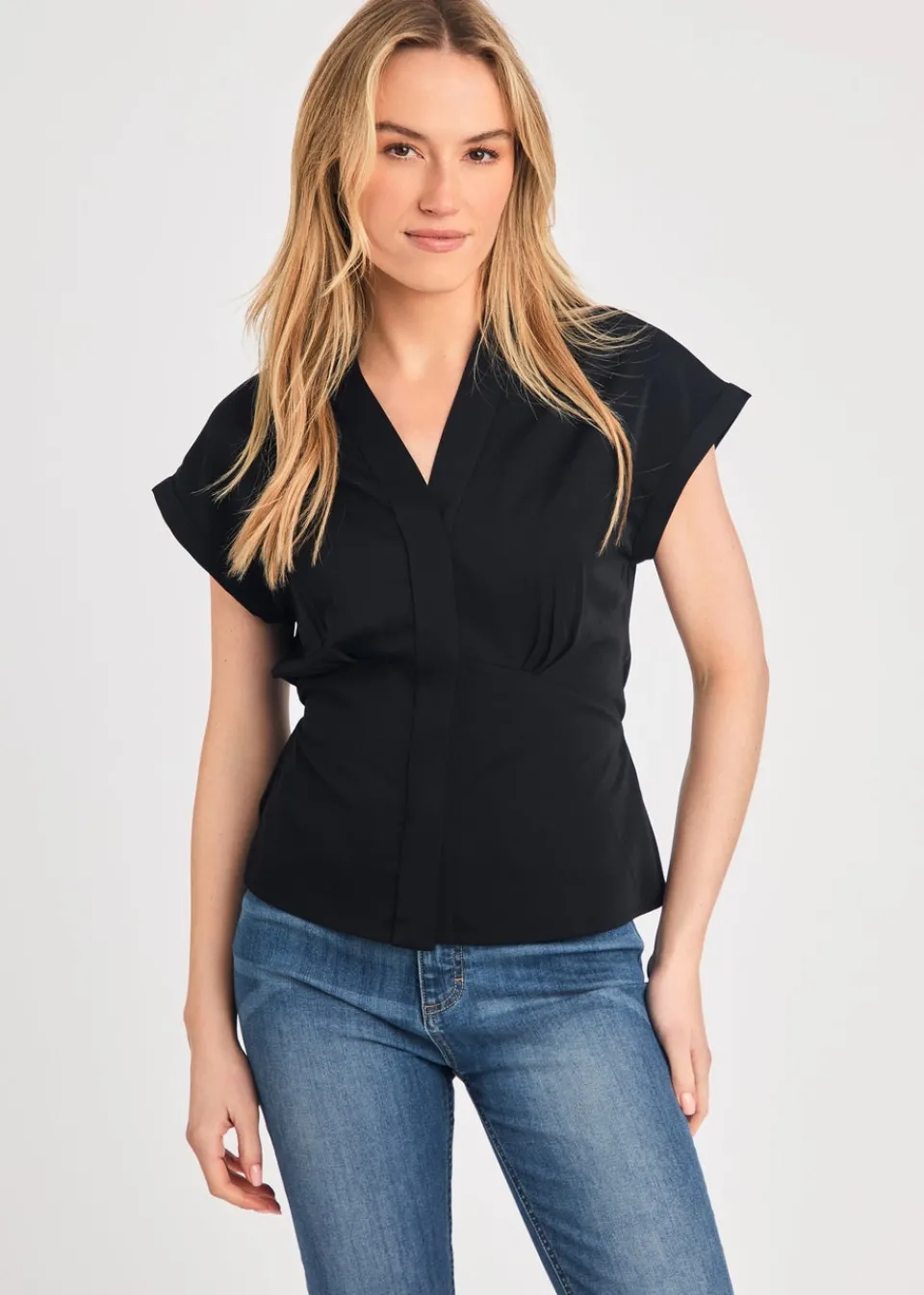 Tops>French Connection Black V-Neck Button Up Short Sleeve Crepe Blouse