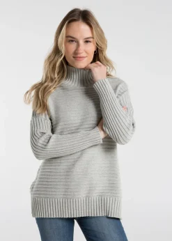 Tops>French Connection Light Grey Cotton Ribbed Knit High Neck Jumper