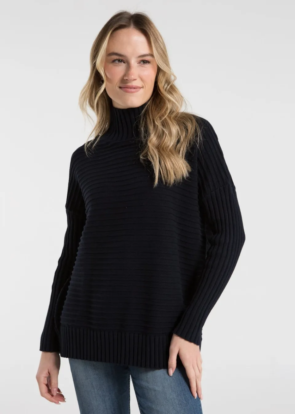 Tops>French Connection Navy Cotton Ribbed Knit High Neck Jumper
