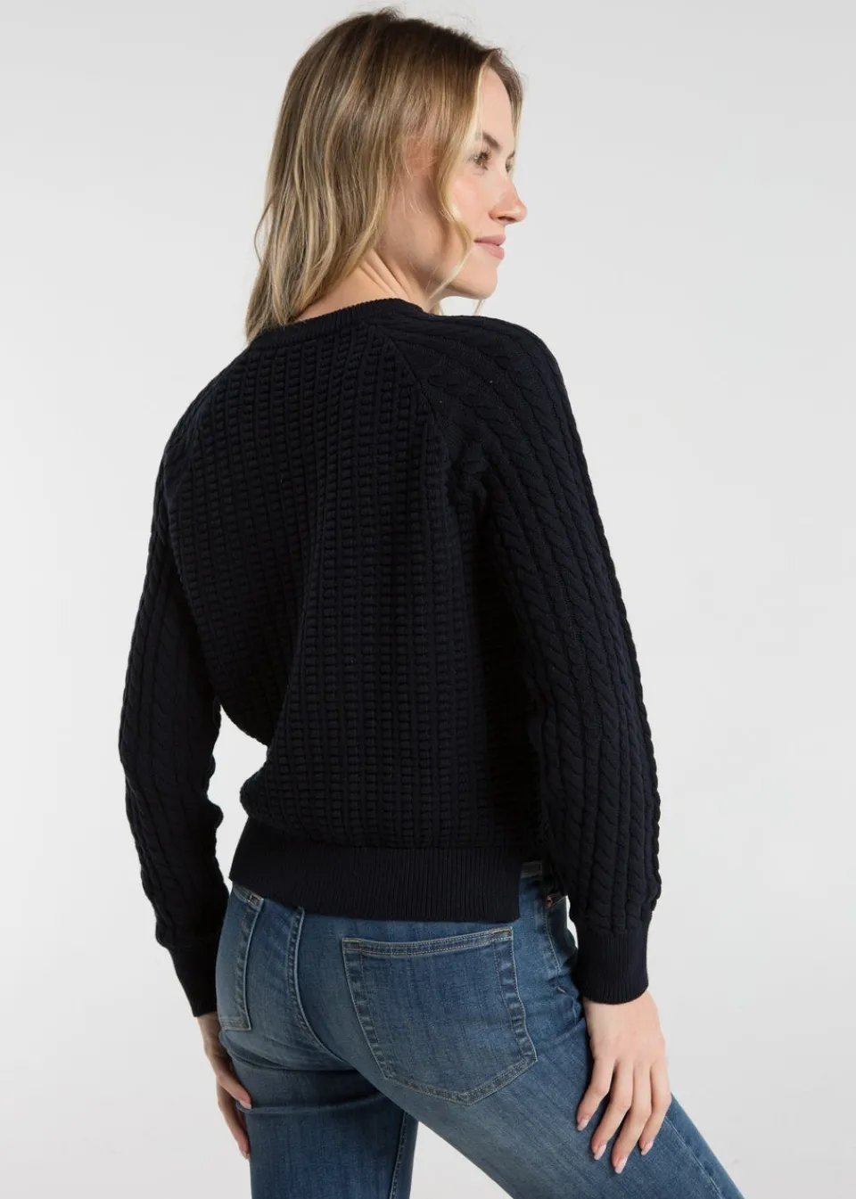 Tops>French Connection Navy Cotton Popcorn-Style Cable Knit Crew Neck Jumper