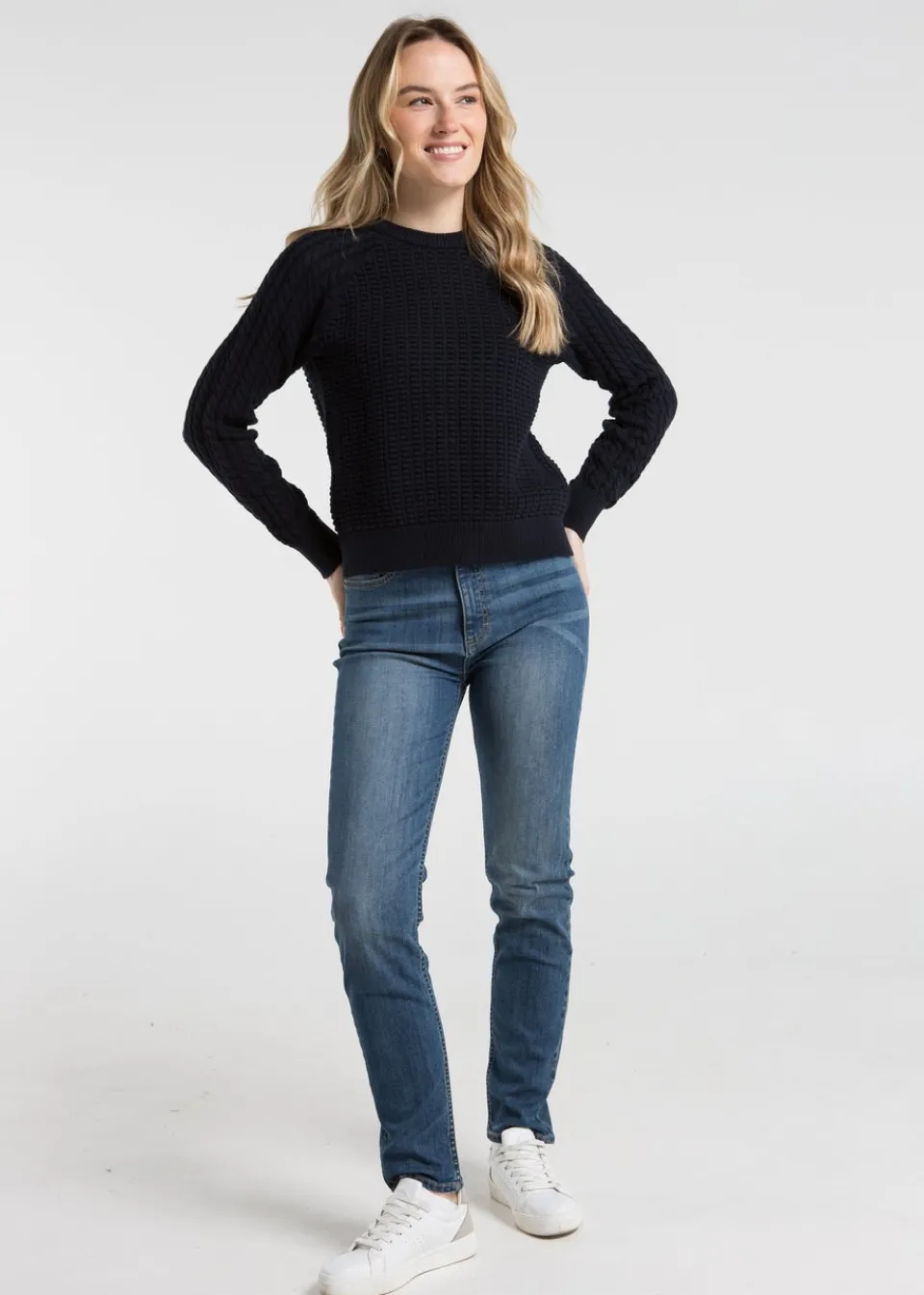 Tops>French Connection Navy Cotton Popcorn-Style Cable Knit Crew Neck Jumper