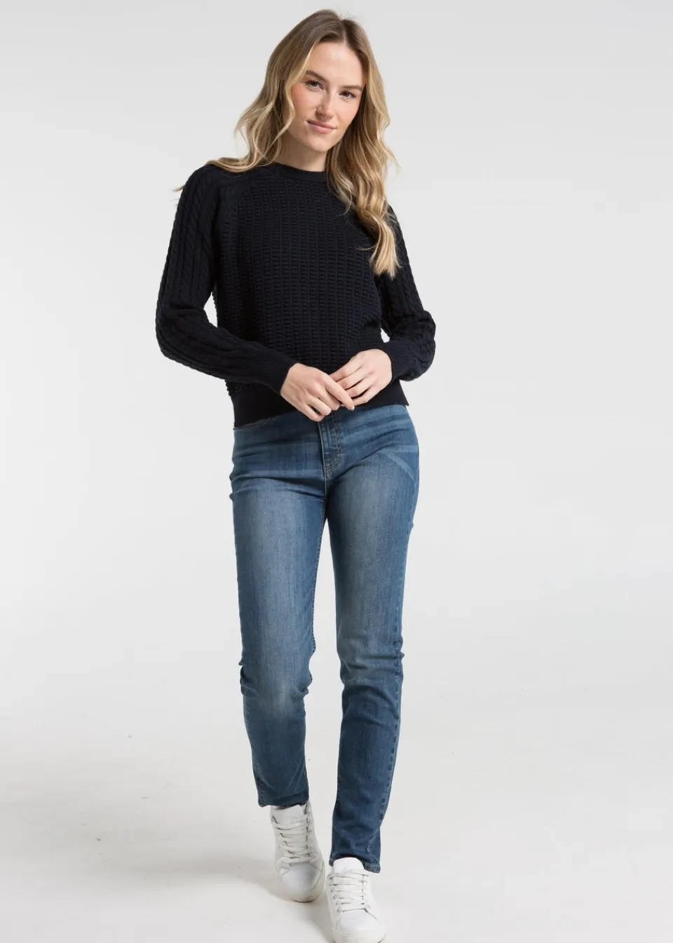Tops>French Connection Navy Cotton Popcorn-Style Cable Knit Crew Neck Jumper