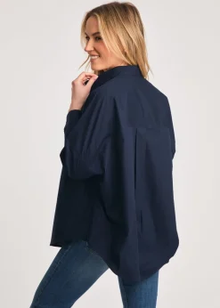 Tops>French Connection Navy Cotton Long Sleeve Poplin Popover High-Low Hem Shirt