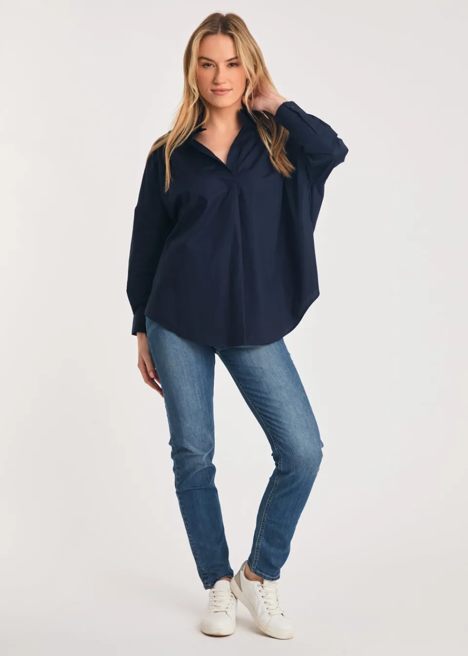 Tops>French Connection Navy Cotton Long Sleeve Poplin Popover High-Low Hem Shirt