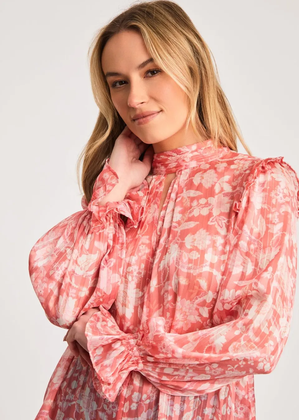 Tops>French Connection Pink High Neck Long Sleeve Floral Frill Keyhole Blouse