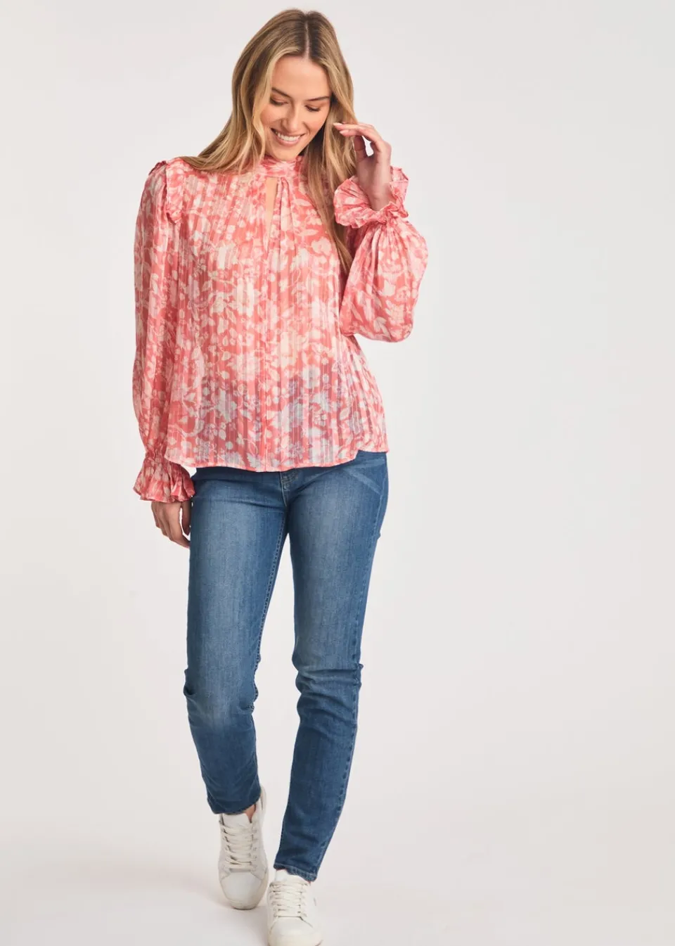 Tops>French Connection Pink High Neck Long Sleeve Floral Frill Keyhole Blouse