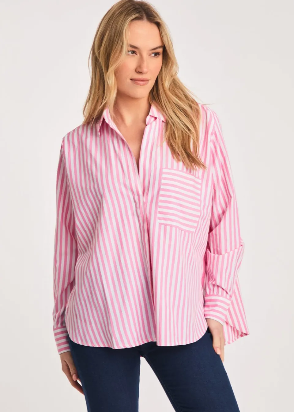Tops>French Connection Pink Relaxed-Fit Striped Popover High-Low Hem Shirt