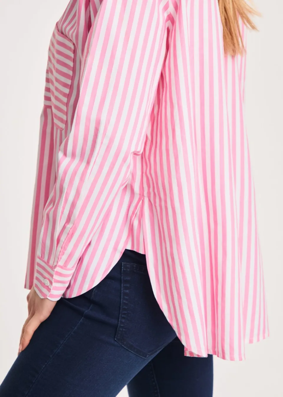 Tops>French Connection Pink Relaxed-Fit Striped Popover High-Low Hem Shirt
