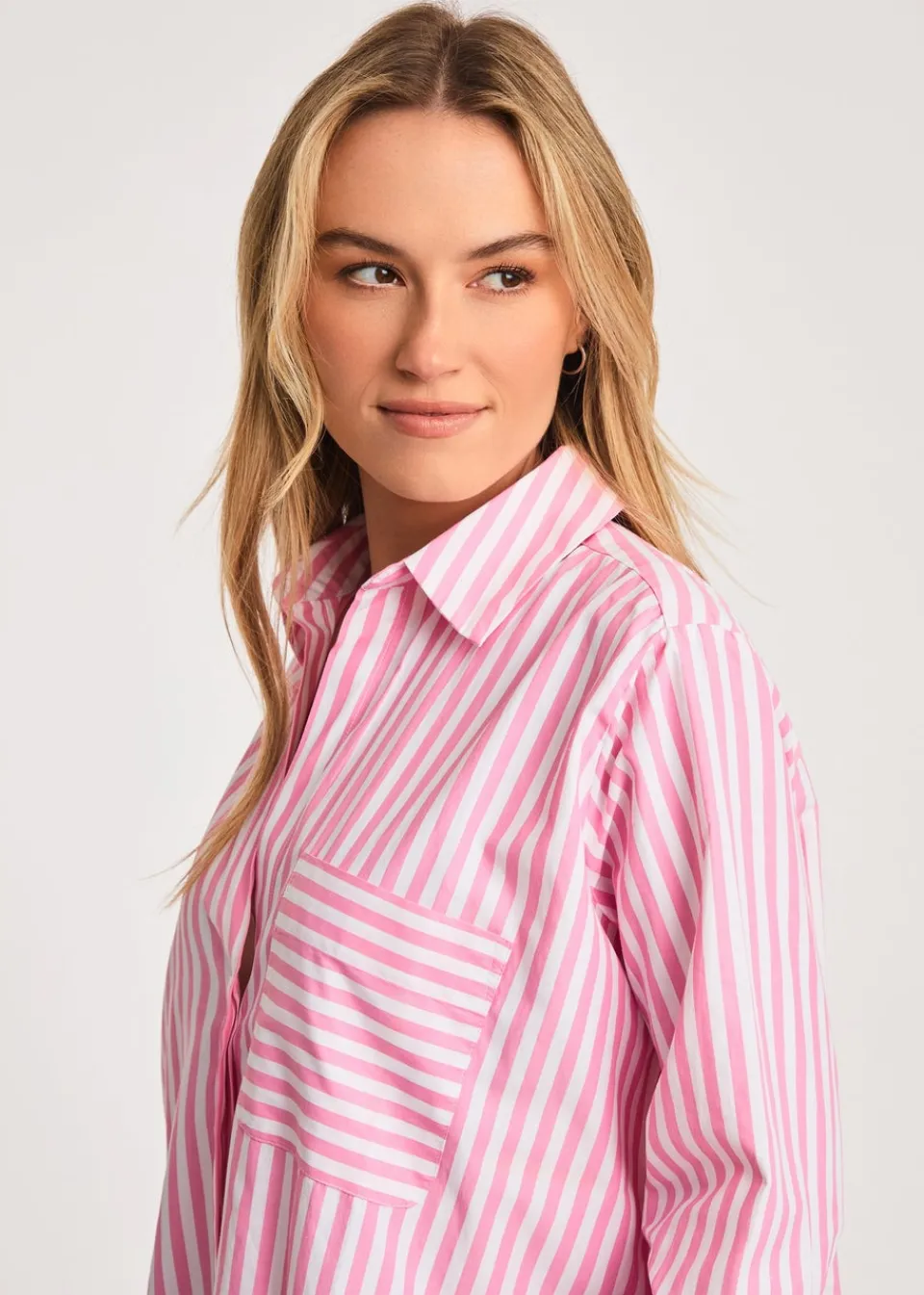 Tops>French Connection Pink Relaxed-Fit Striped Popover High-Low Hem Shirt