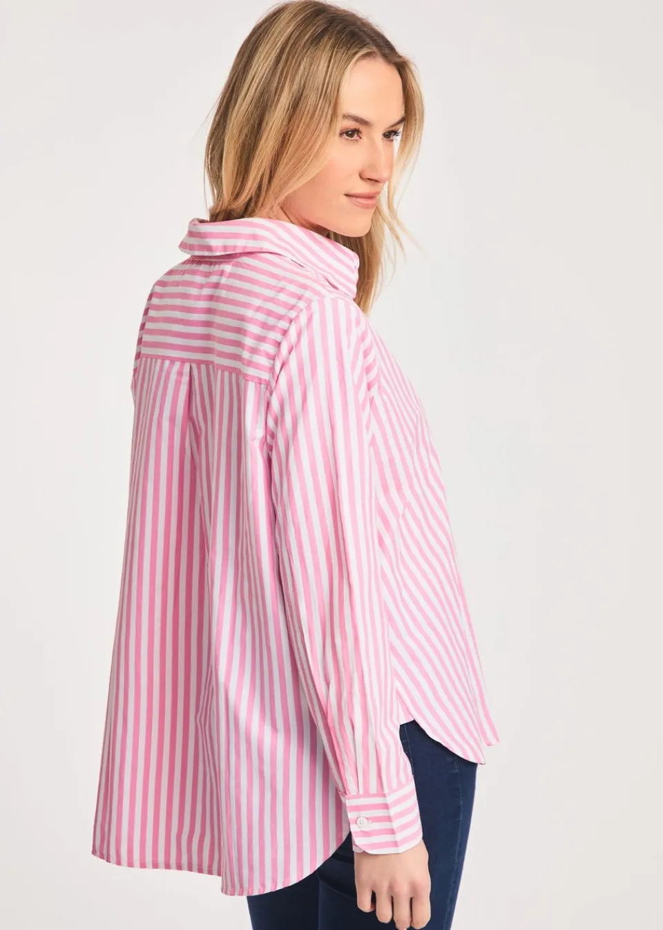 Tops>French Connection Pink Relaxed-Fit Striped Popover High-Low Hem Shirt