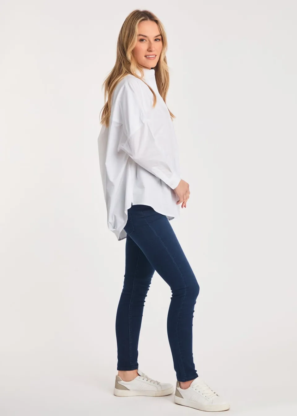 Tops>French Connection White Cotton Long Sleeve Poplin Popover High-Low Hem Shirt