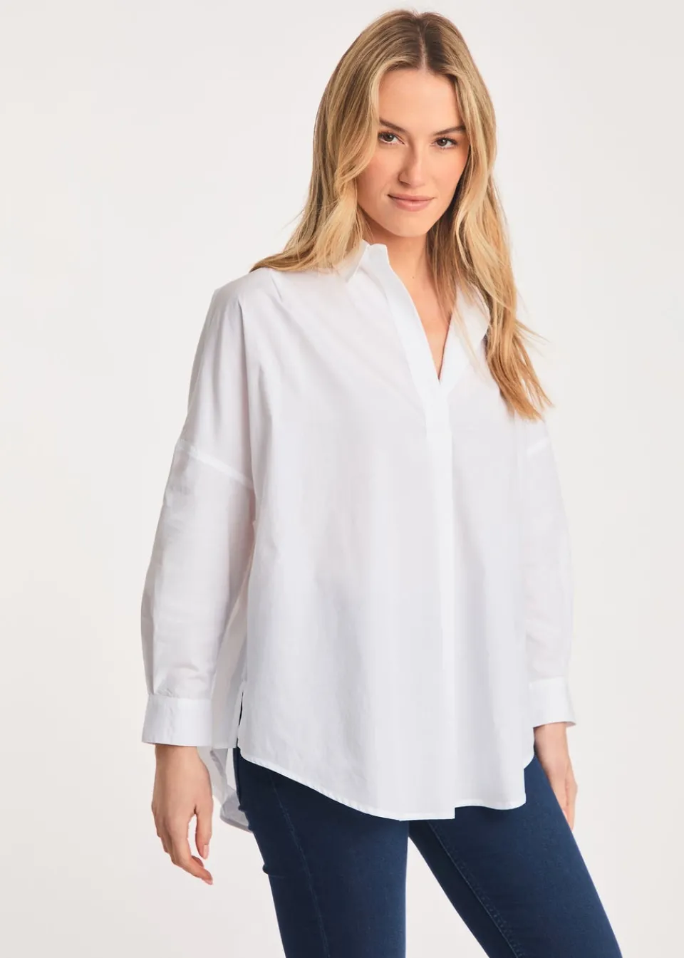 Tops>French Connection White Cotton Long Sleeve Poplin Popover High-Low Hem Shirt