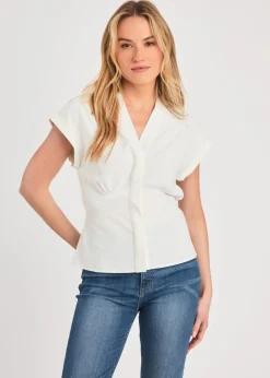 Tops>French Connection White V-Neck Button Up Short Sleeve Crepe Blouse